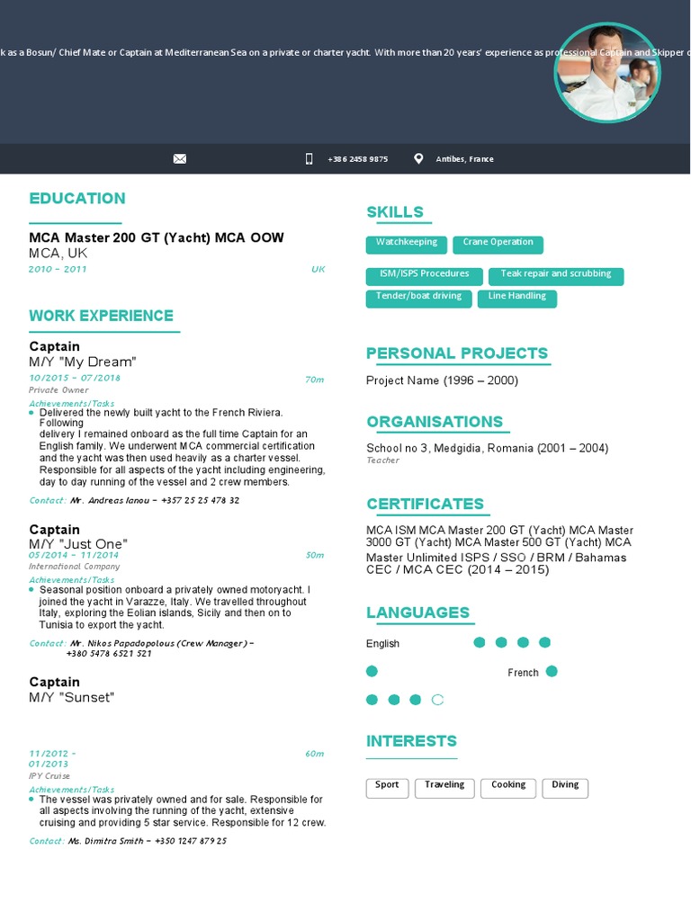 Yacht Captain CV and Experience Summary | PDF | Sea Captain | Yacht
