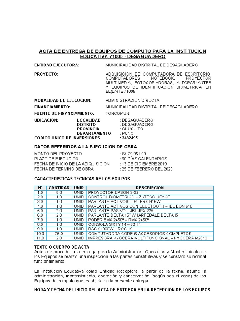 Acta de Entrega de Equipo Computadoras | PDF | Informática