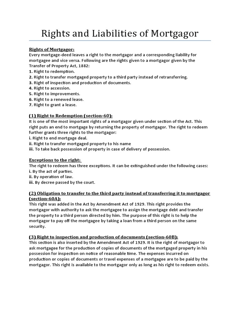 Mortgagor Rights and Liabilities Explained | PDF | Mortgage Law | Lease