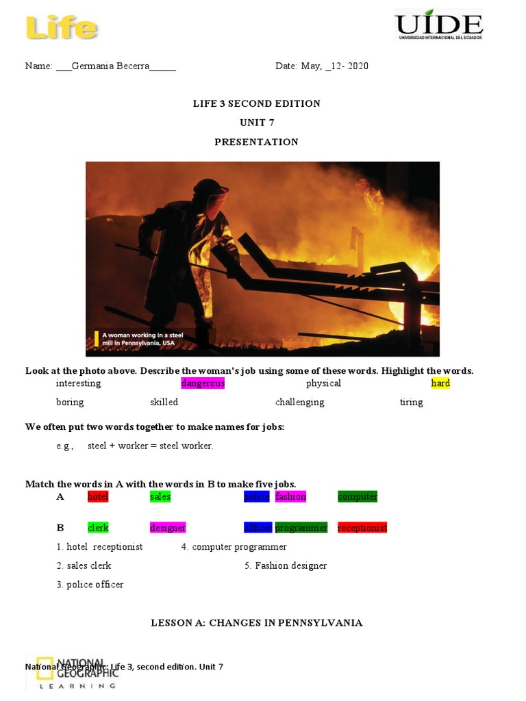 Class Acivity 014 Lessons ABUnit 7Life 3 PDF Desk Verb