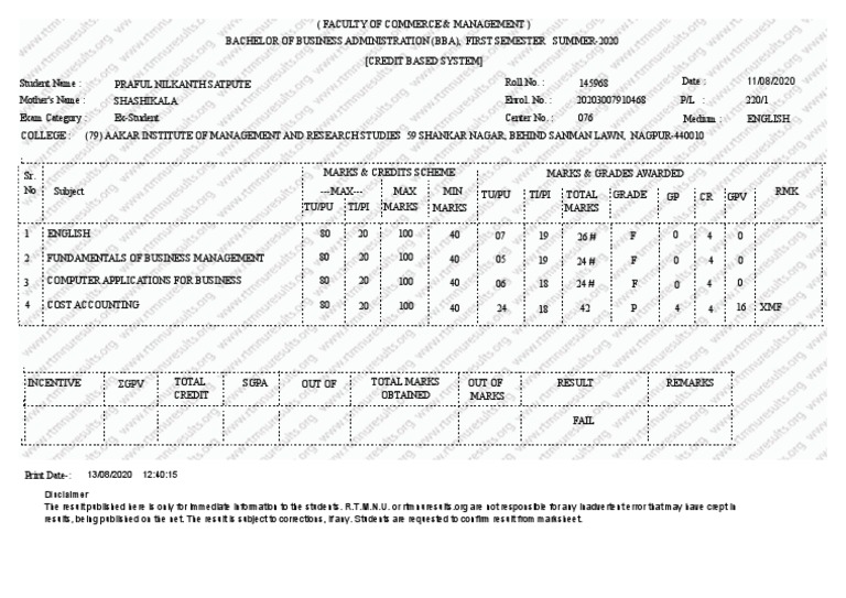 Marksheet First Sem | PDF | Educational Stages | Academia