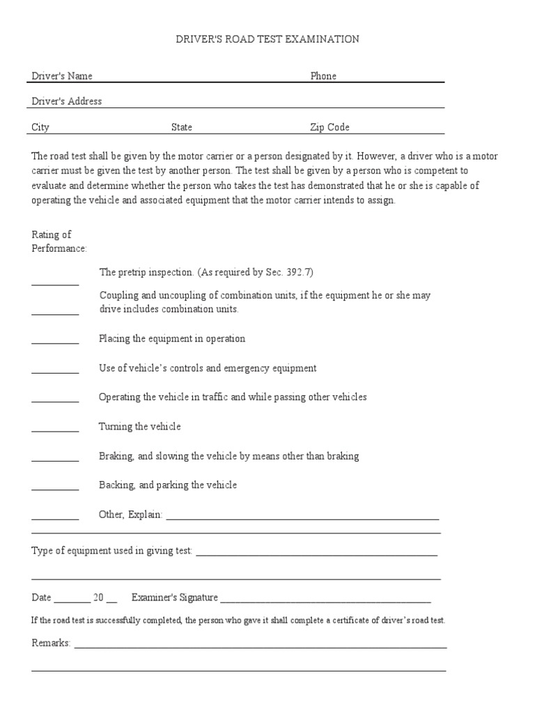 Driver's Road Test Examination Form | PDF | Technology & Engineering