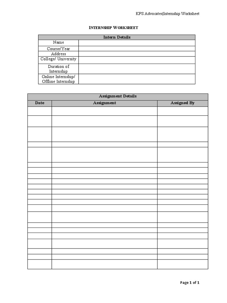 Internship Worksheet Format | PDF