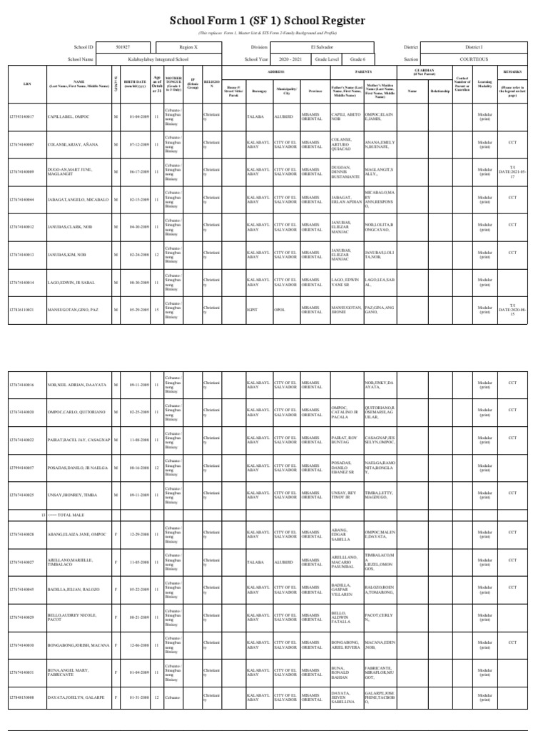 Grade 6 Student Register 2020-21 | PDF