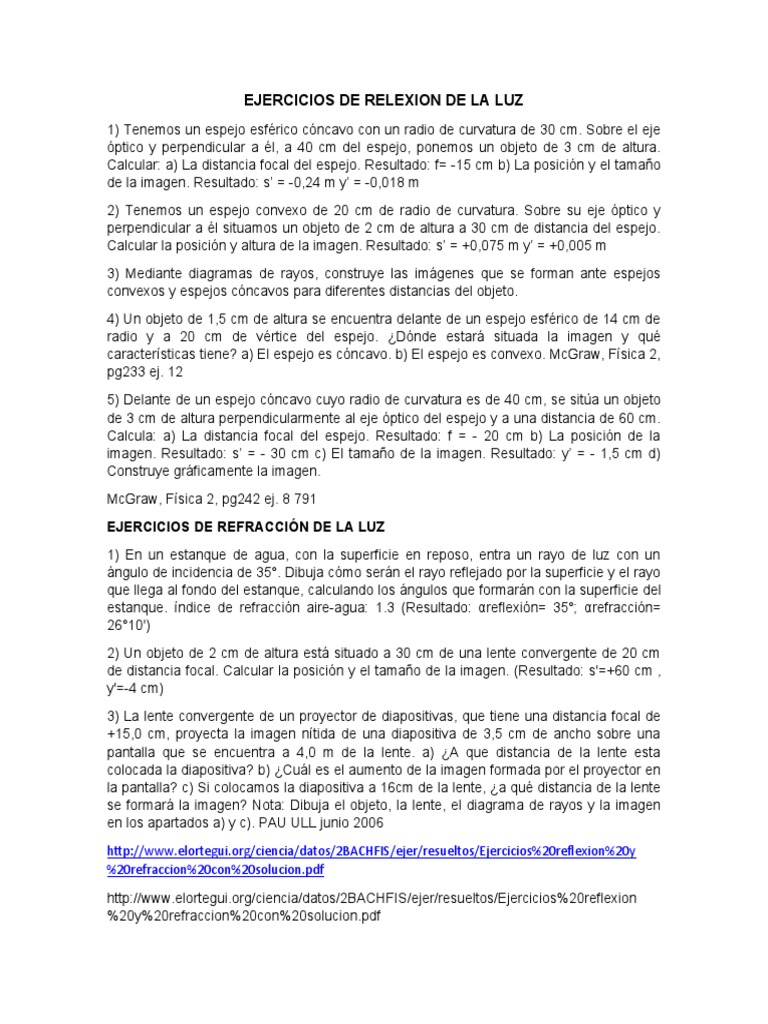 Ejercicios de Reflexión Refraccion de La Luz 201902 | PDF | Espejo | Óptica