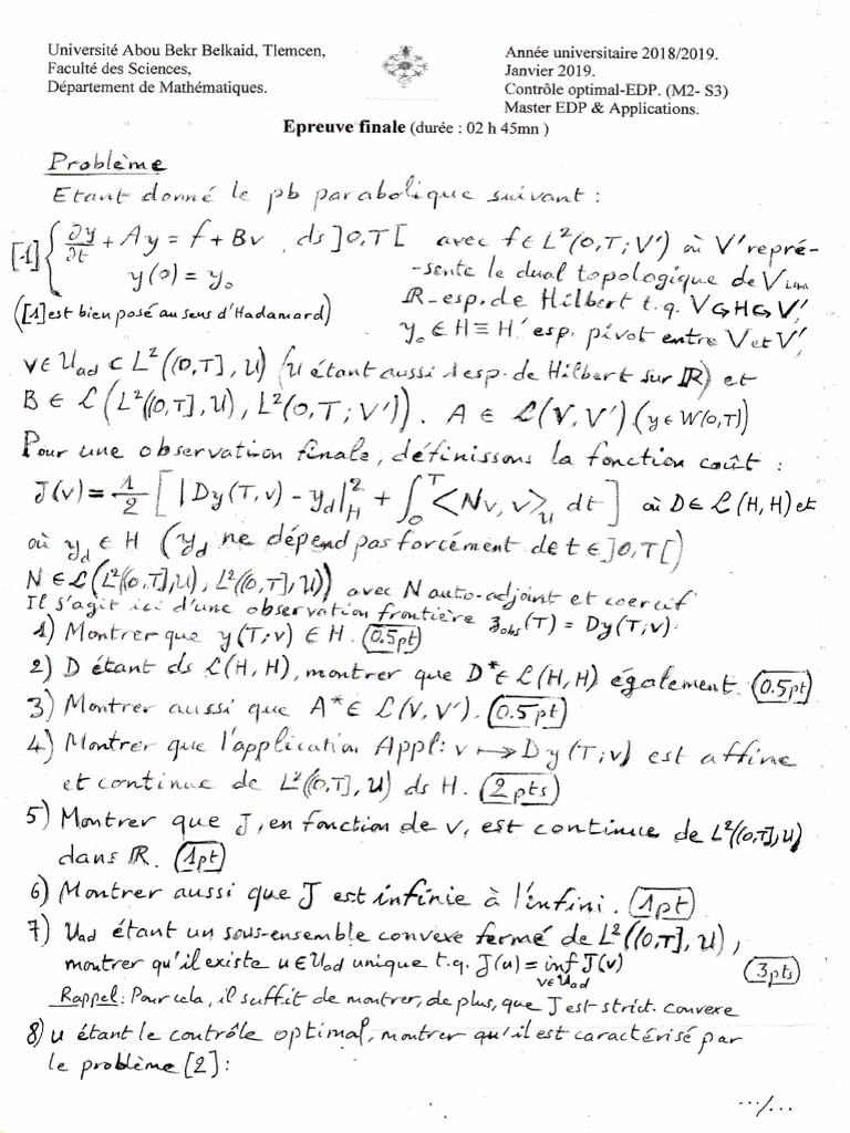 Sujet de L'épreuve Finale Du Module Contrôle Optimal Des EDP Semestre 3 ...