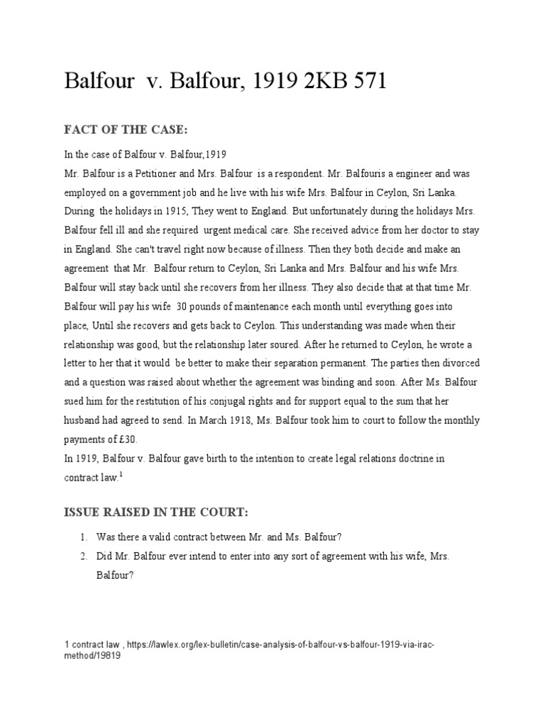 Balfour v Balfour 1919 Case Summary PDF Consideration Marriage