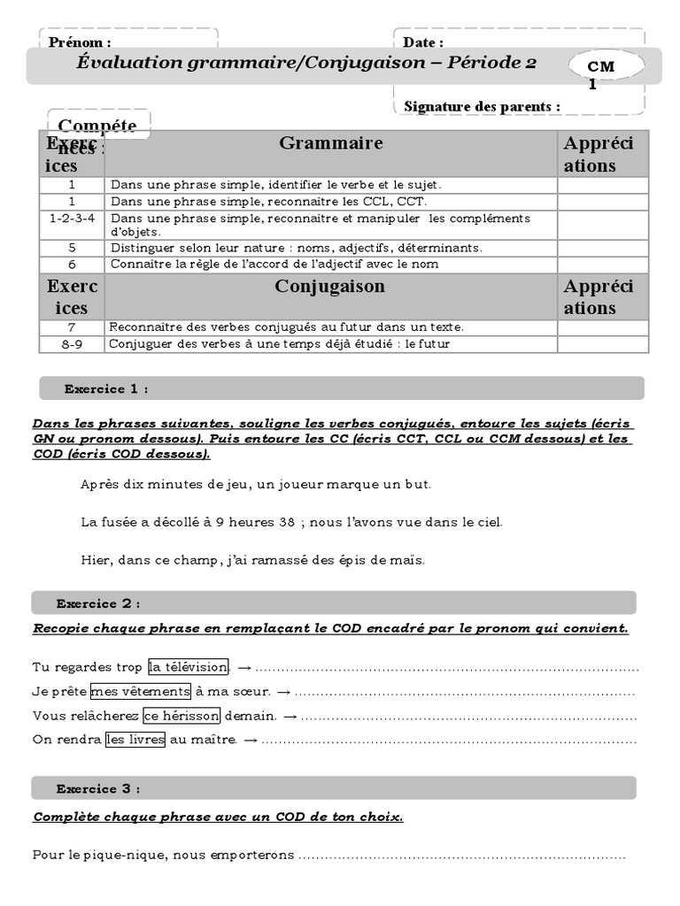 évaluation Grammaire Cm2 Avec Correction Pdf Eval Periode 2 CM1 2011 2012 | PDF | Genre grammatical | Verbe