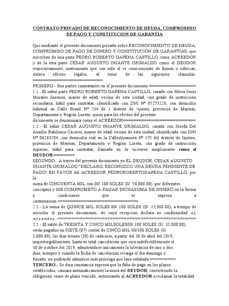 Contrato de Reconocimiento de Deuda y Pago | PDF | Pagos
