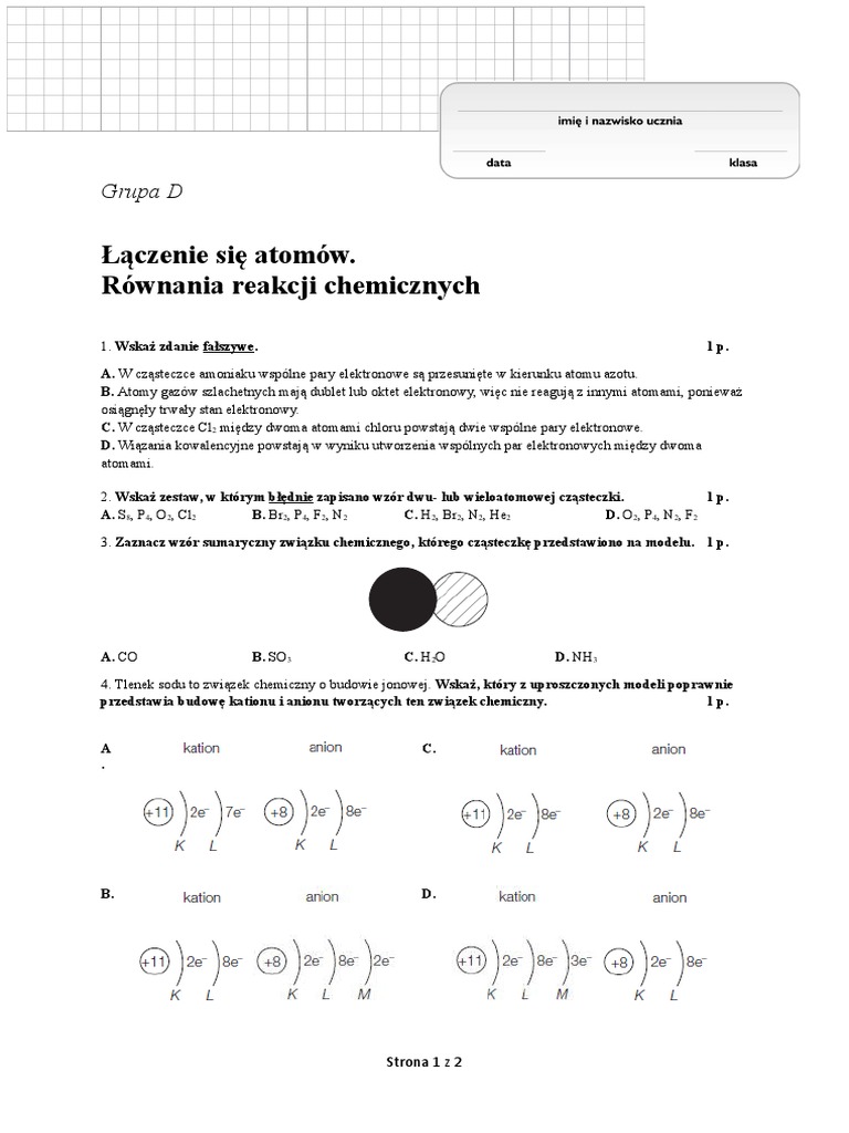 Równania Reakcji Chemicznych Test Klasa 7