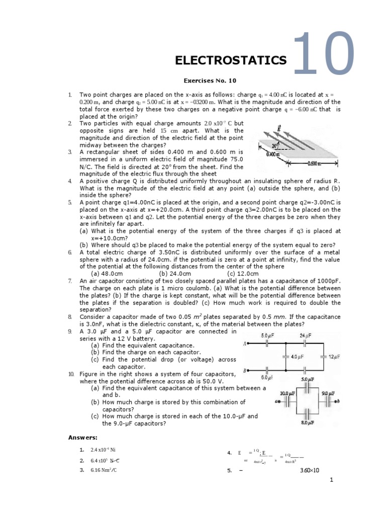 Electrostatics Exercises & Solutions | PDF | Capacitor | Electric Charge