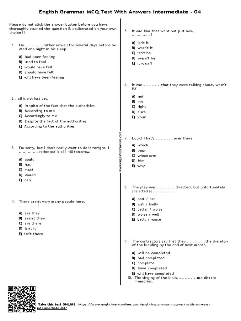 631 - English Grammar MCQ Test With Answers Intermediate 04 | PDF ...