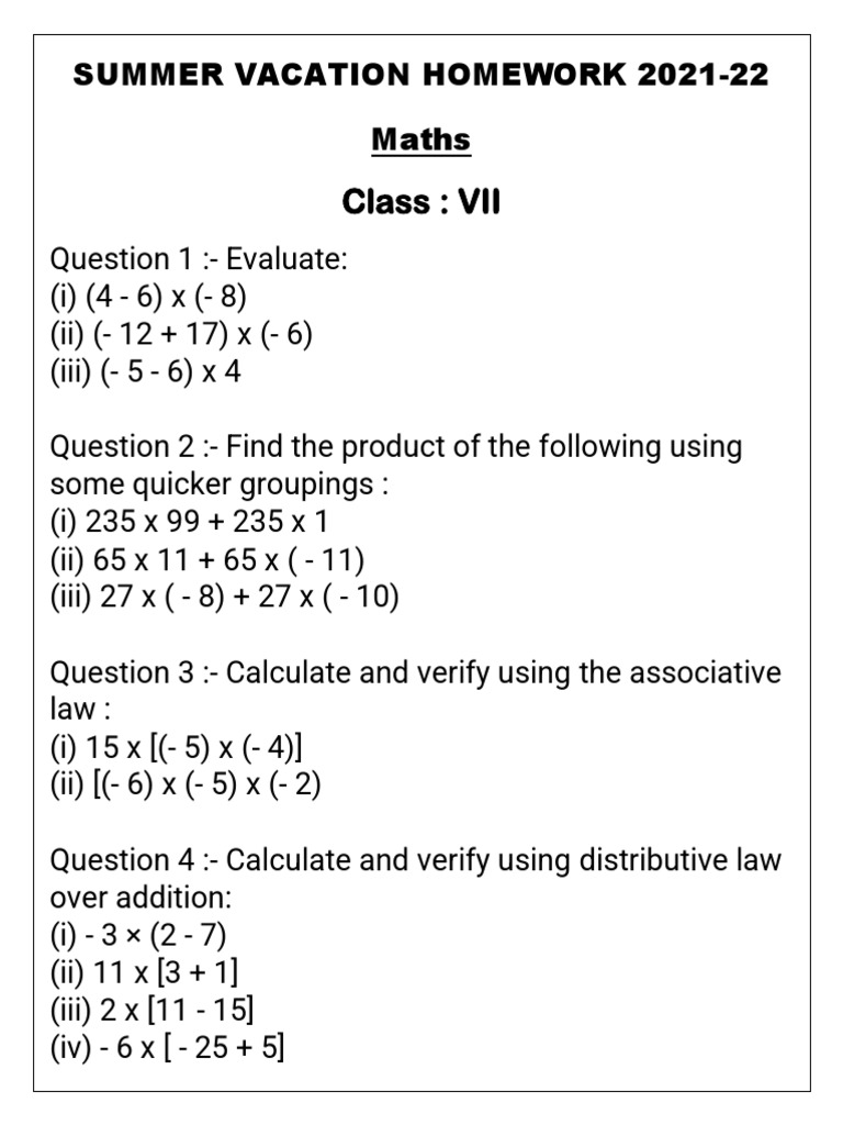 Class 7 Maths Summer Homework 2021-22 | PDF | Multiplication | Mathematics