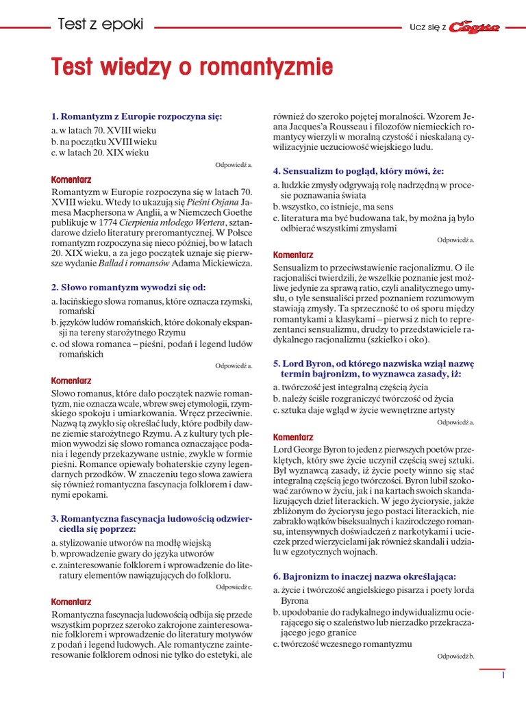 Test Wiedzy o Romantyzmie PDF
