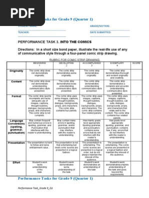 Performance Tasks for Grade 9 Comic Strip
