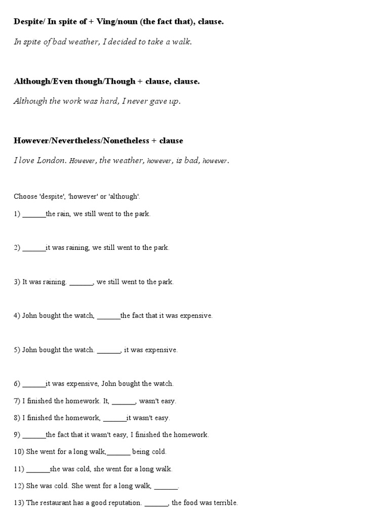 Contrast Linking Words and Exercises | PDF