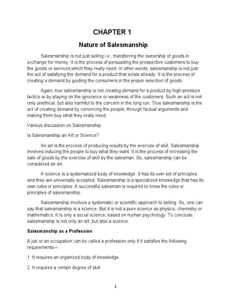 Nature of Salesmanship: Salesmanship As A Profession | PDF | Sales ...
