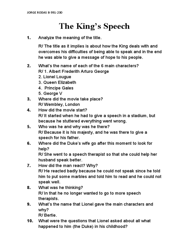 The King's Speech Questionnaire1 PDF