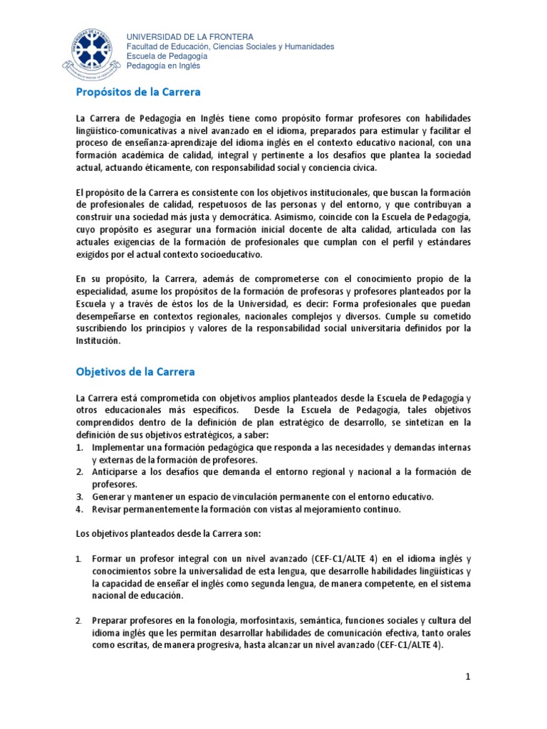 Como Se Dice Especializacion Academica En Ingles Propositos de La Carrera | PDF | Pedagogía | Maestros
