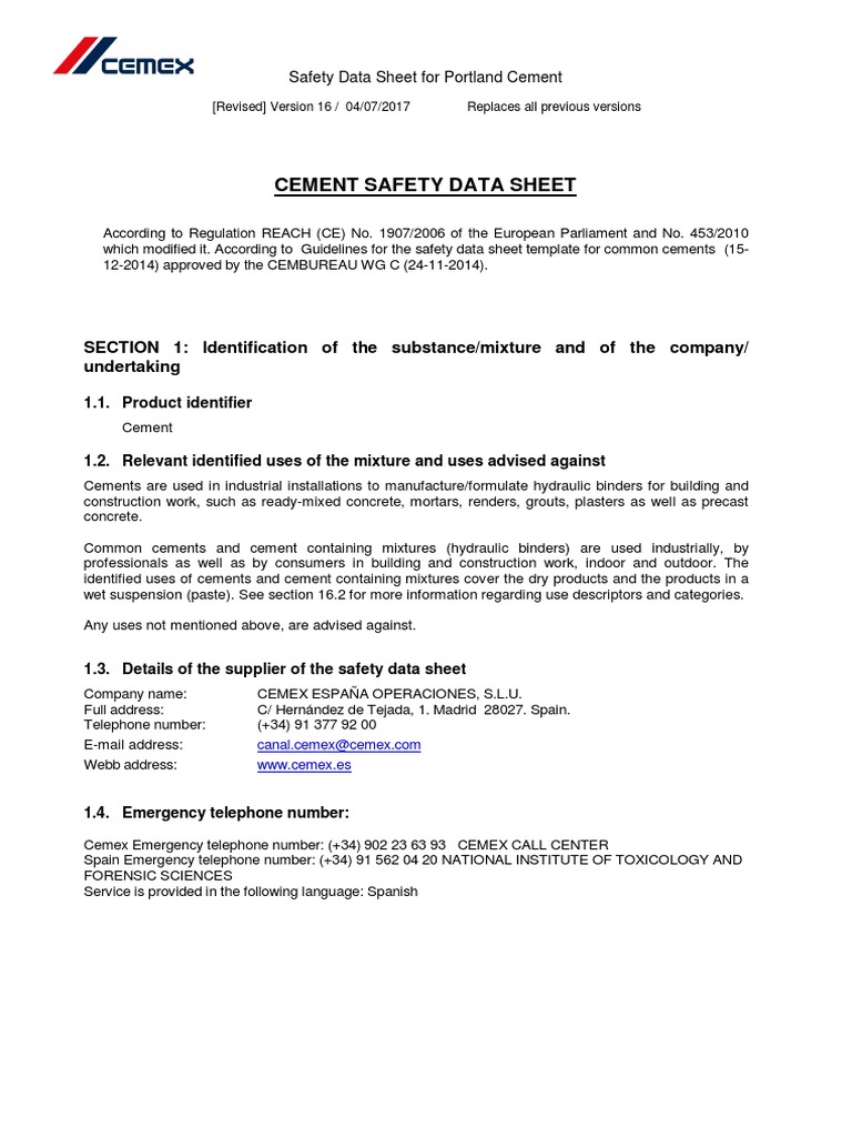 Cement Safety Data Sheet SECTION 1 Identification of The Substance