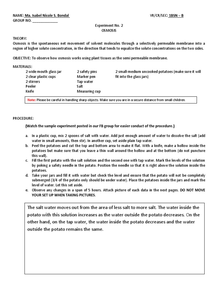 Observing Osmosis Through Potatoes An Experiment on the Movement of