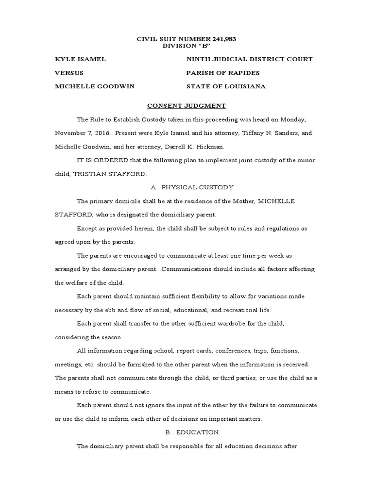 Joint Custody Consent Judgment Louisiana | PDF | Child Custody ...