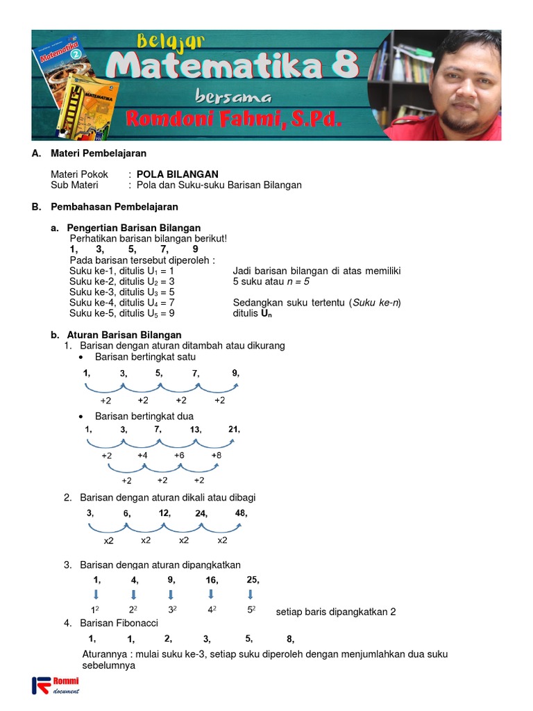 MAT8 Pola Bilangan - 2 (Pola Barisan) | PDF