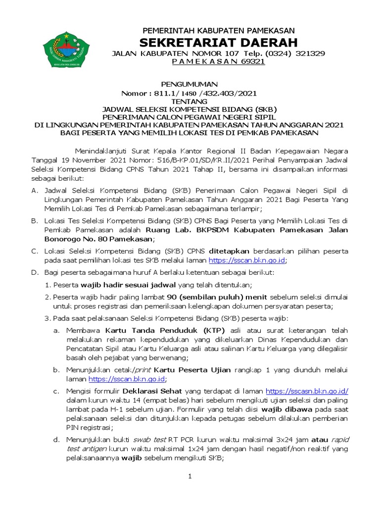 Pengumuman jadwal skb lokasi bkpsdm pamekasan pdf