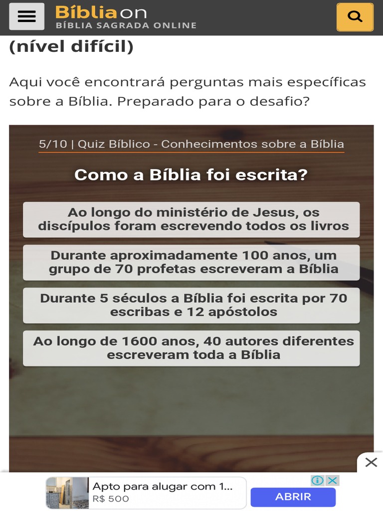 50 Perguntas Bíblicas - Quizzes (Nível Difícil) - Bíblia