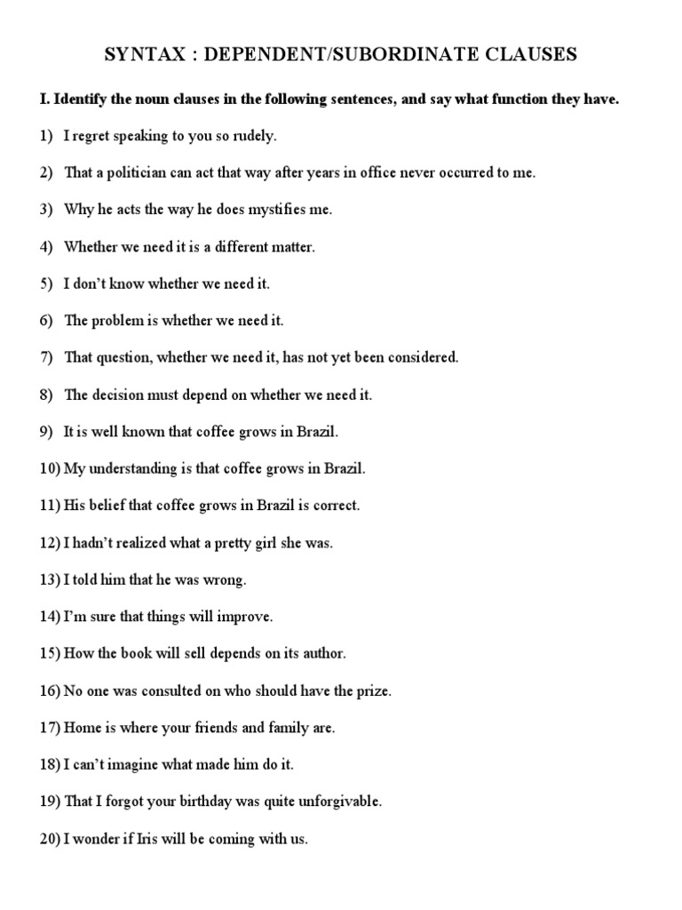 Syntax: Dependent/Subordinate Clauses | PDF | Clause | Linguistic ...