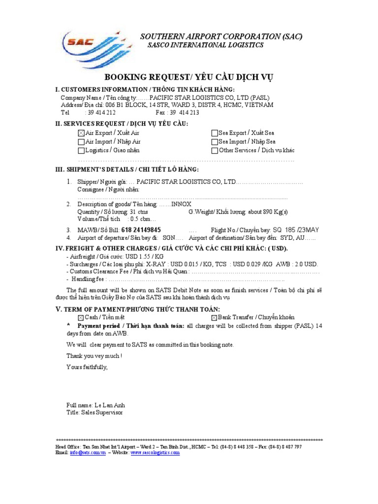 Booking Request Form Airfreight | PDF