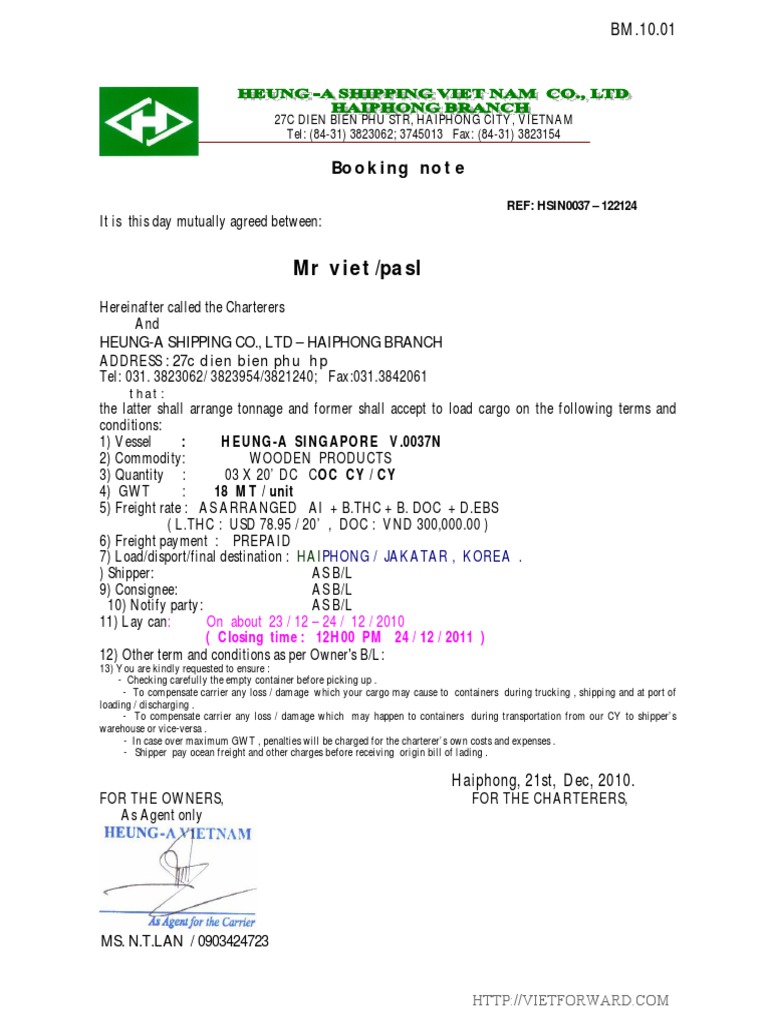 Heung-A Shipping Booking Note | PDF | Cargo | Bill Of Lading