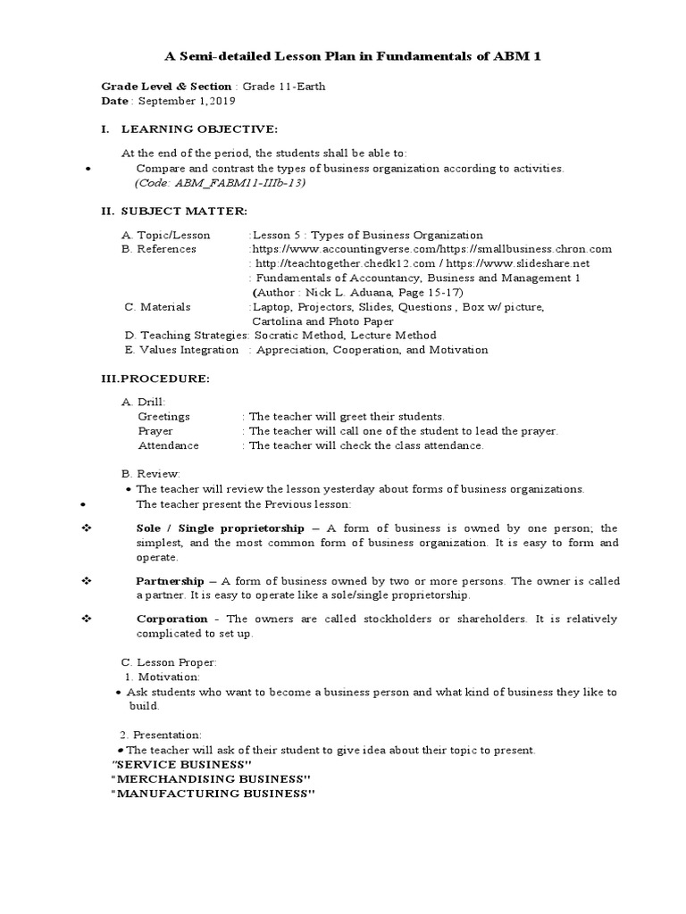 LESSON PLAN Semi Detailed Final | PDF | Retail | Business