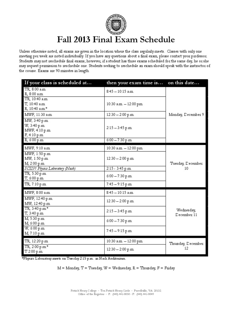 FA2013 Final Exam Schedule PDF