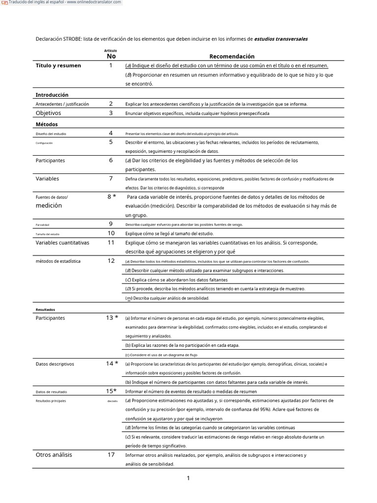 Lista de verificación STROBE en español | PDF | Estadísticas | Método ...