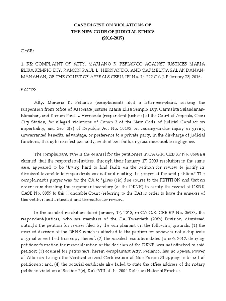 CASE DIGEST (New Code of Judicial Conduct) 20162017 PDF