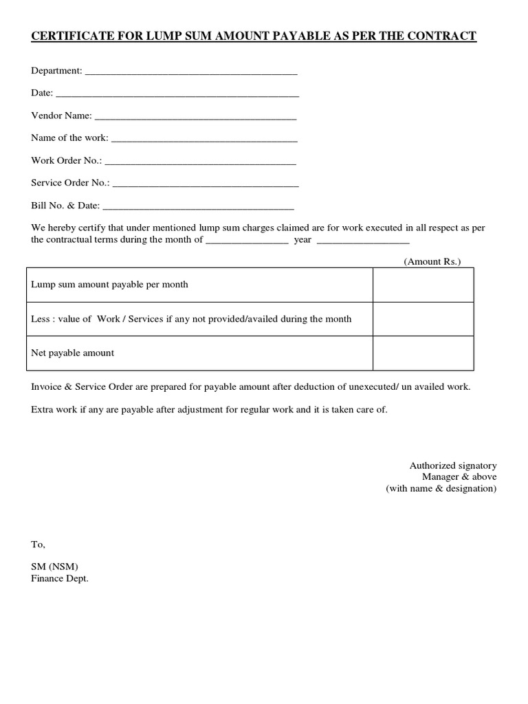 Certificate For Lump Sum Payable PDF