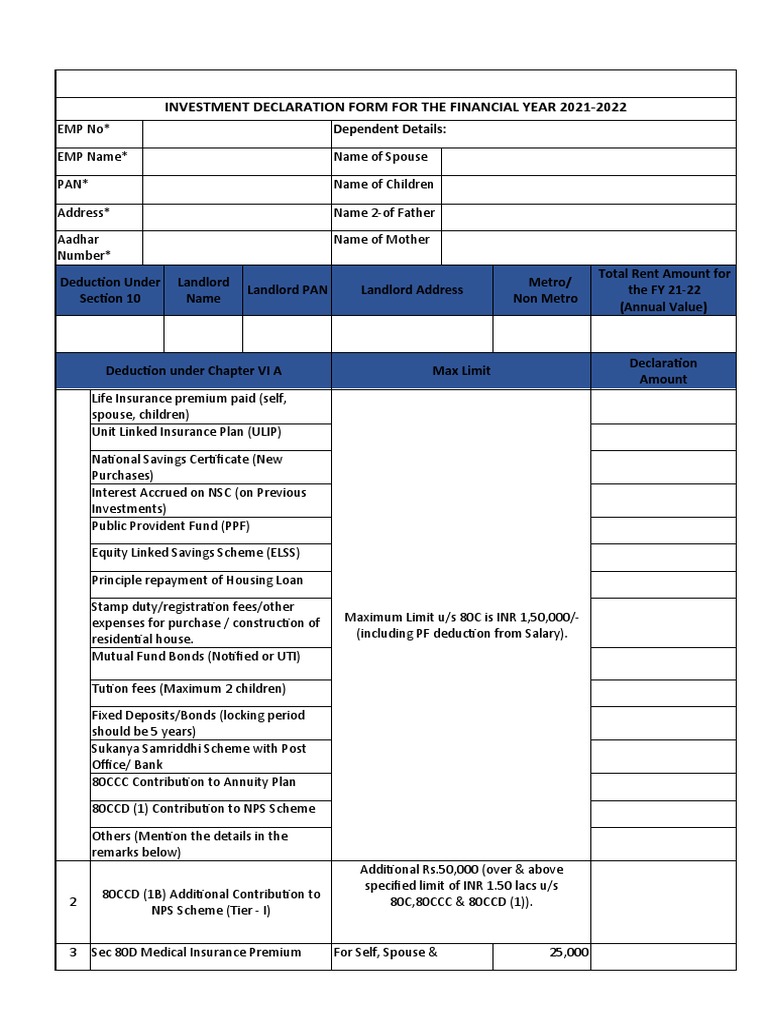 Investment Declaration Form FY 2021-22 | PDF | Loans | Tax Deduction