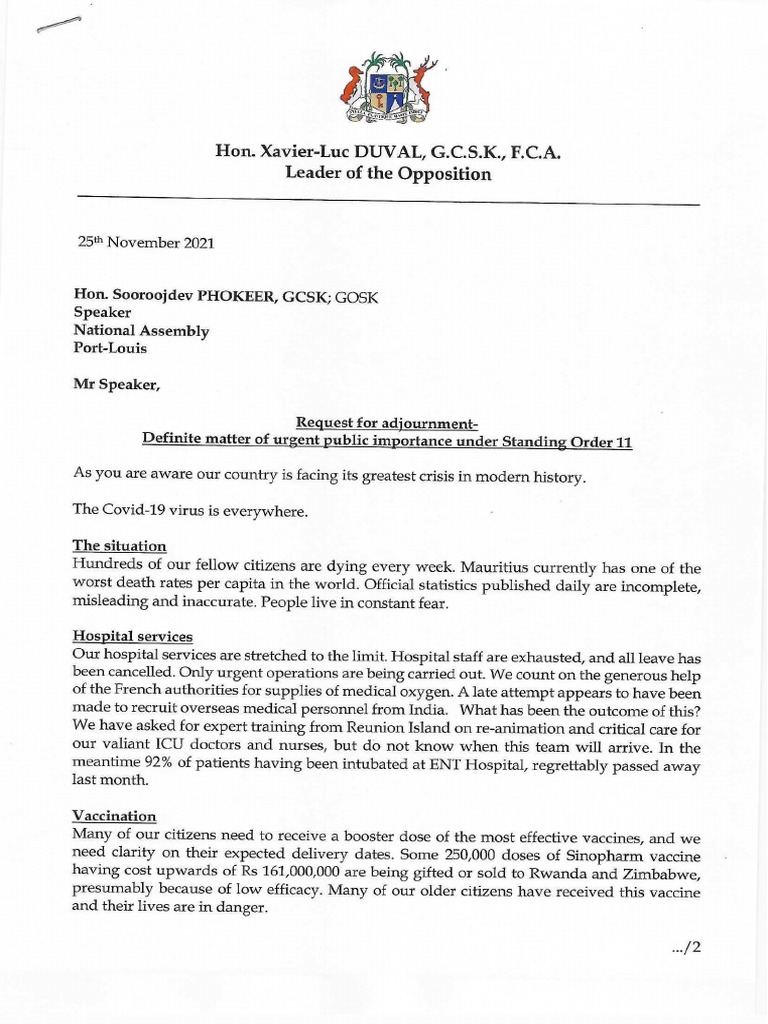 Letter Speaker Request For Adjournment PDF