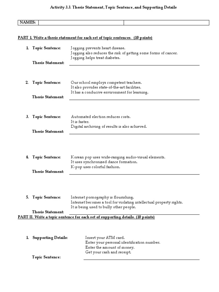 Thesis Statements and Topic Sentences Activity | PDF | Computing