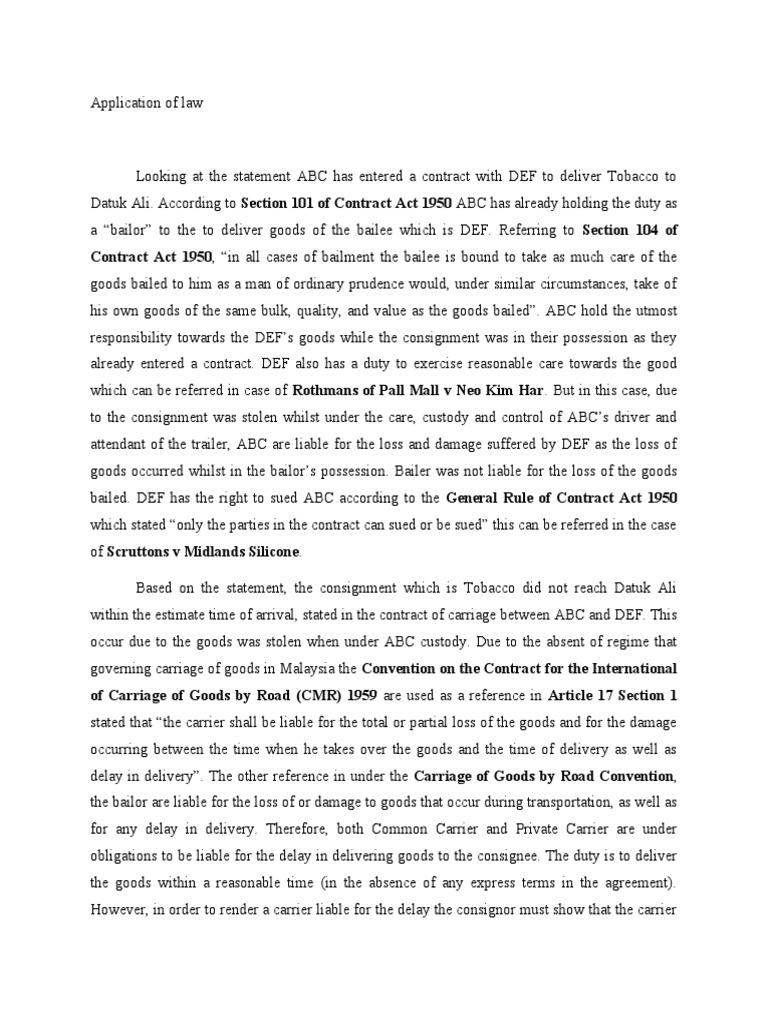 Application of Law PDF Common Carrier Legal Liability