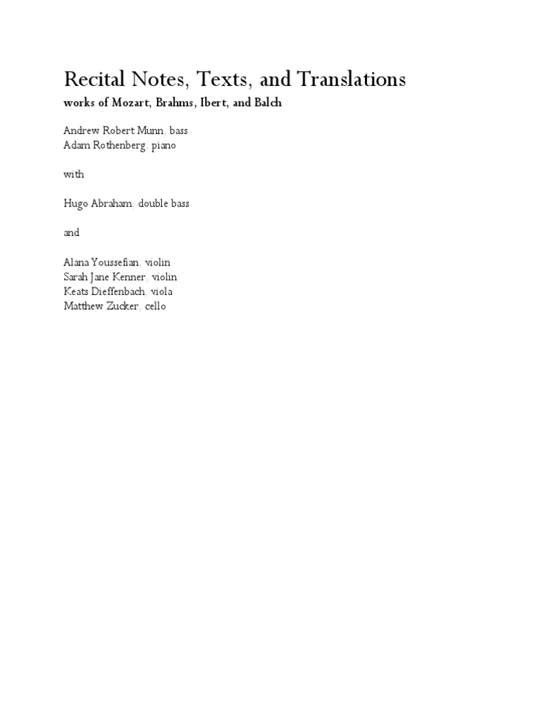 Recital Notes, Texts, and Translations: Works of Mozart, Brahms, Ibert ...