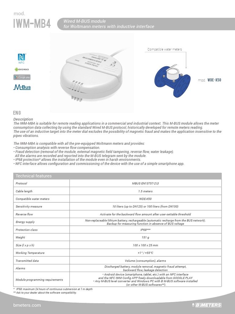 Iwm-Mb4: Wired M-BUS Module For Woltmann Meters With Inductive ...
