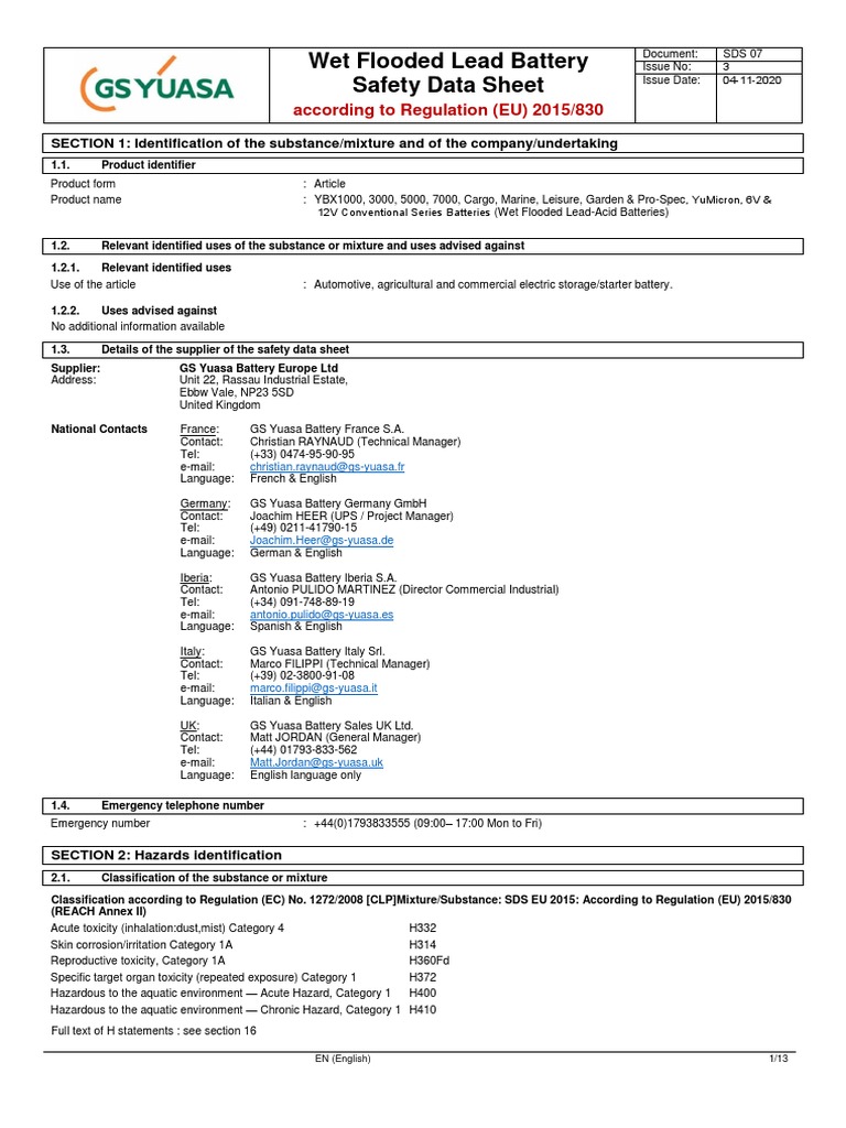Wet Flooded Lead Battery Safety Data Sheet According To Regulation (EU
