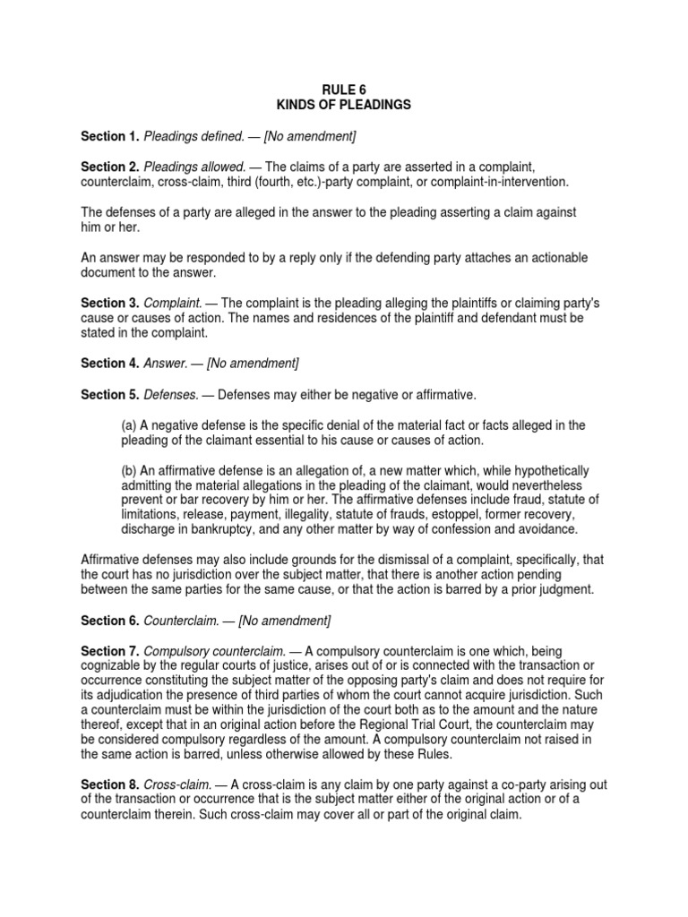 An Overview of the Different Types of Pleadings Allowed Under Rule 6 of the Rules of Court PDF