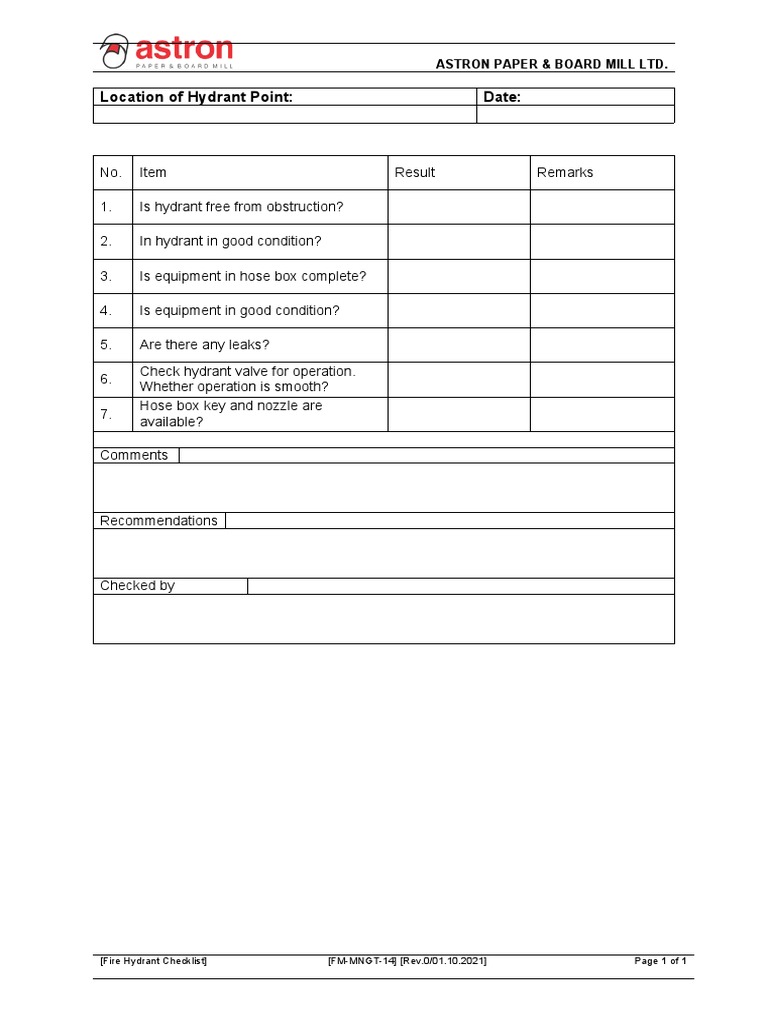 Fire Hydrant Checklist PDF