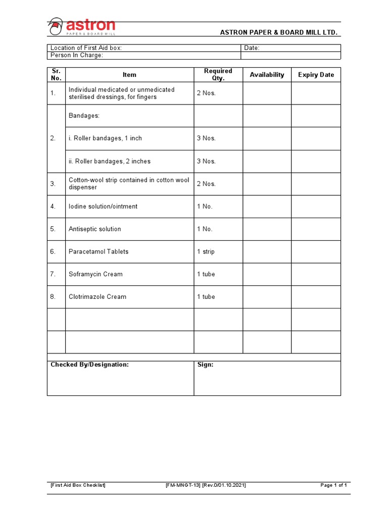 First Aid Box Checklist PDF