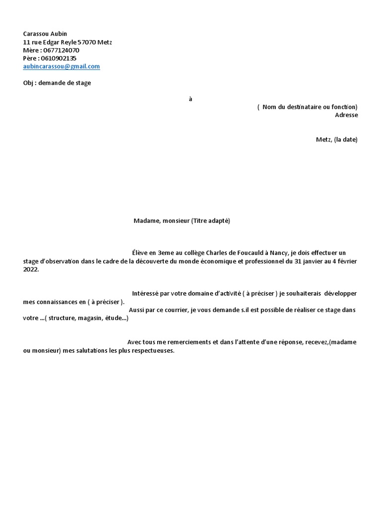 Modele Lettre De Remerciement Stage Lettre de Demande de Stage | PDF