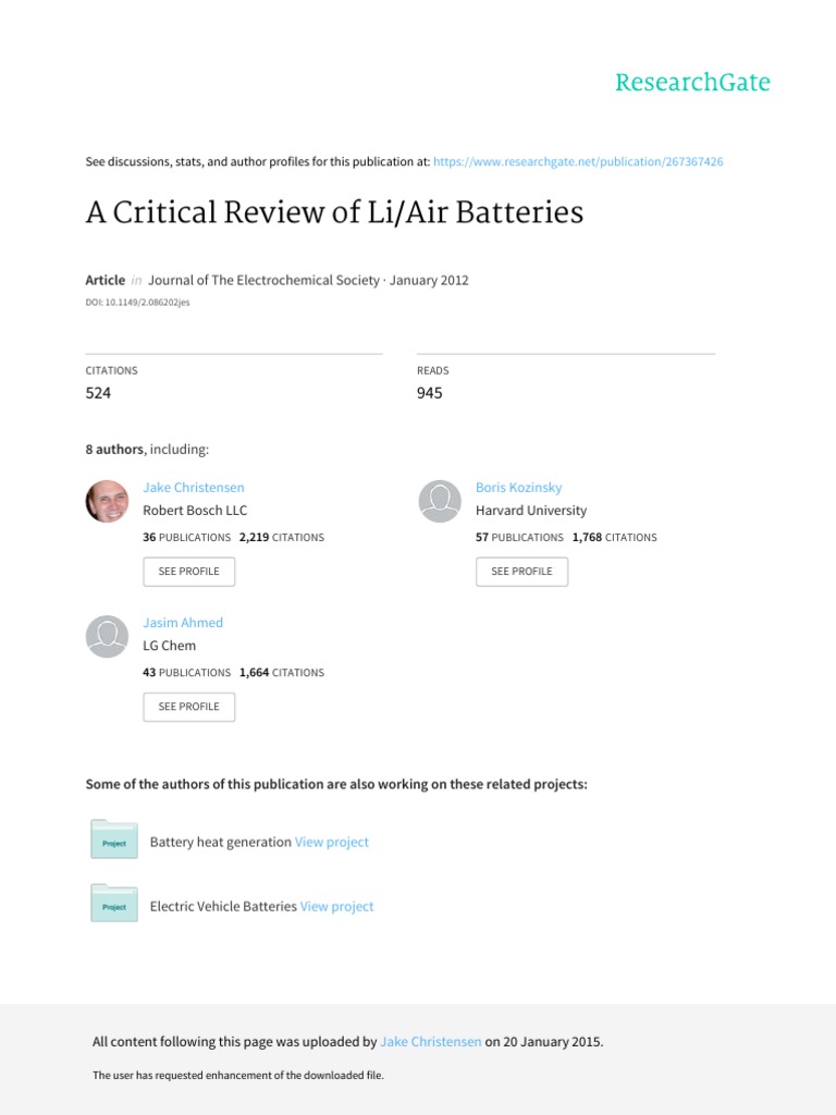 A Critical Review of LiAir Batteries | PDF | Density | Lithium Ion Battery