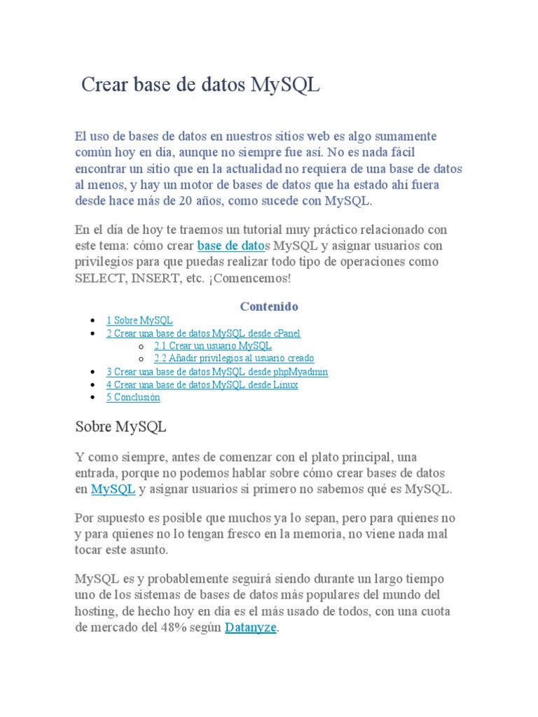 Crear base de datos MySQL paso a paso | PDF | Mi sql | Software de la ...